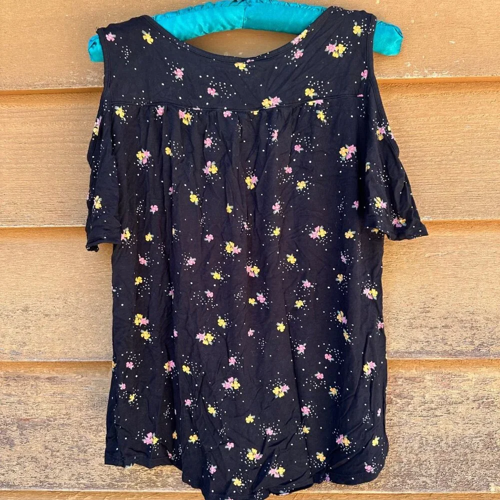 Old Navy Cold Shoulder Floral Top Girls Size L 10/12 Black With Yellow & Pink Fl - Picture 3 of 10